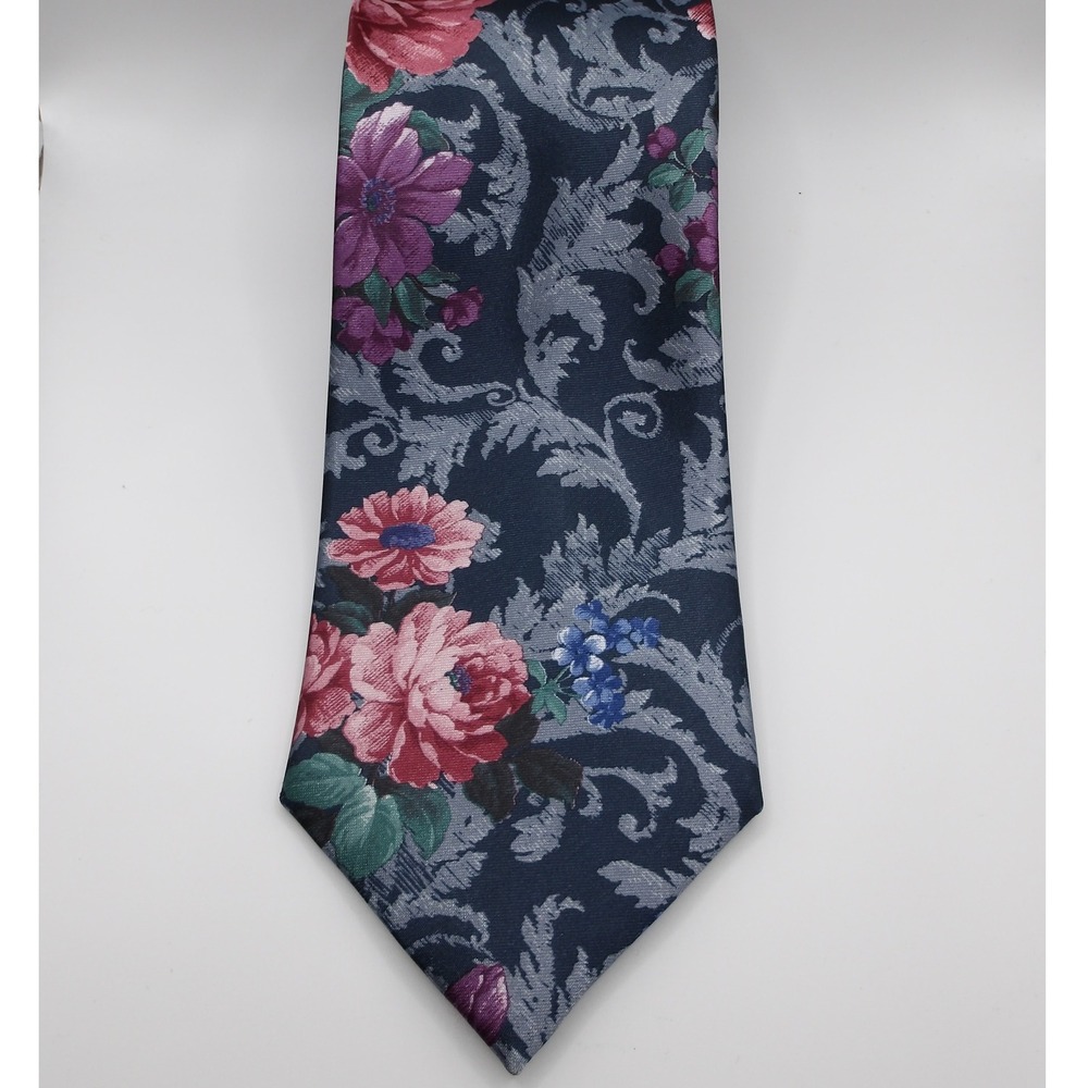 Vintage Etienne Aigner Floral Neck Tie Formal Silk Blend Dark Blue Patterned